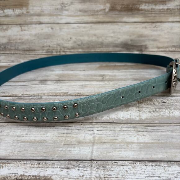 IZOD Leather Belt Sz XL Blue Studded Embossed Western Boho Cowgirl 36” Rodeo Y2K - Picture 7 of 12